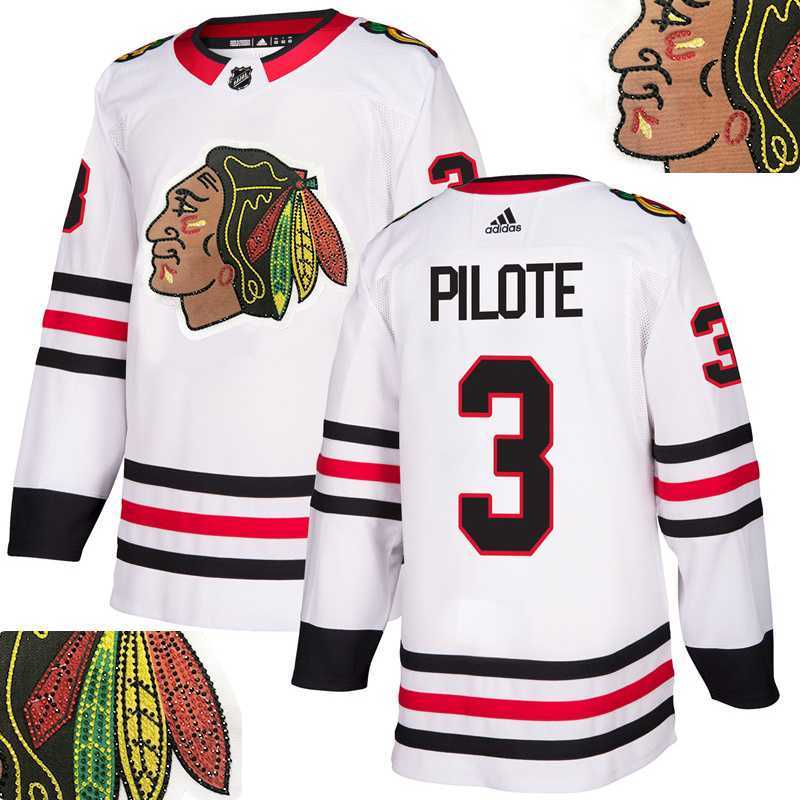 Blackhawks #3 Pilote White With Special Glittery Logo Adidas Jersey